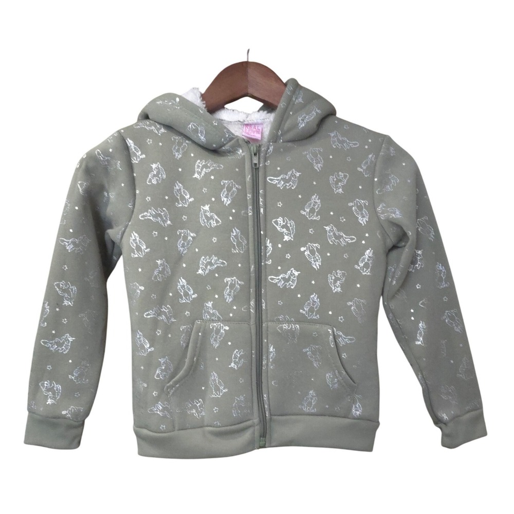 Real Love Girls Sage Green Sherpa Lined Unicorn Foil Zip Up Hoodie Size 6X NWT